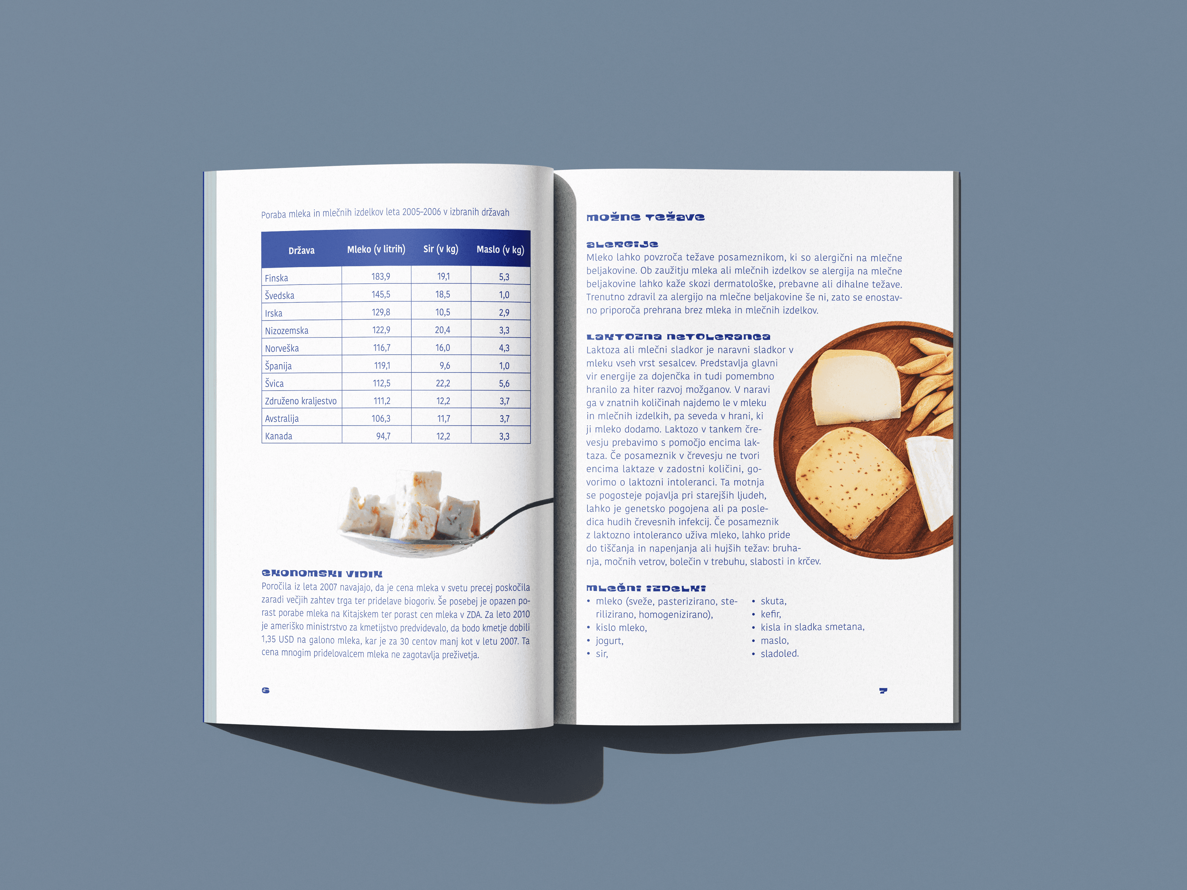 Brochure spread with a milk consumption table and a wooden plate of cheeses.