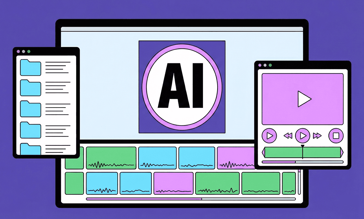 AI-assisted video editing workflow shown across file browser, editing timeline, and preview windows on a laptop.