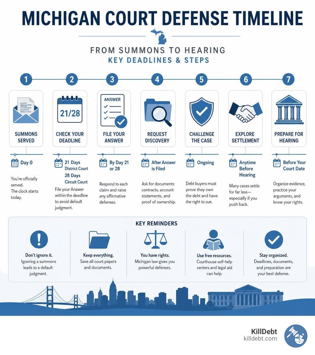 Michigan court defense timeline from summons to hearing with key deadlines and steps infographic