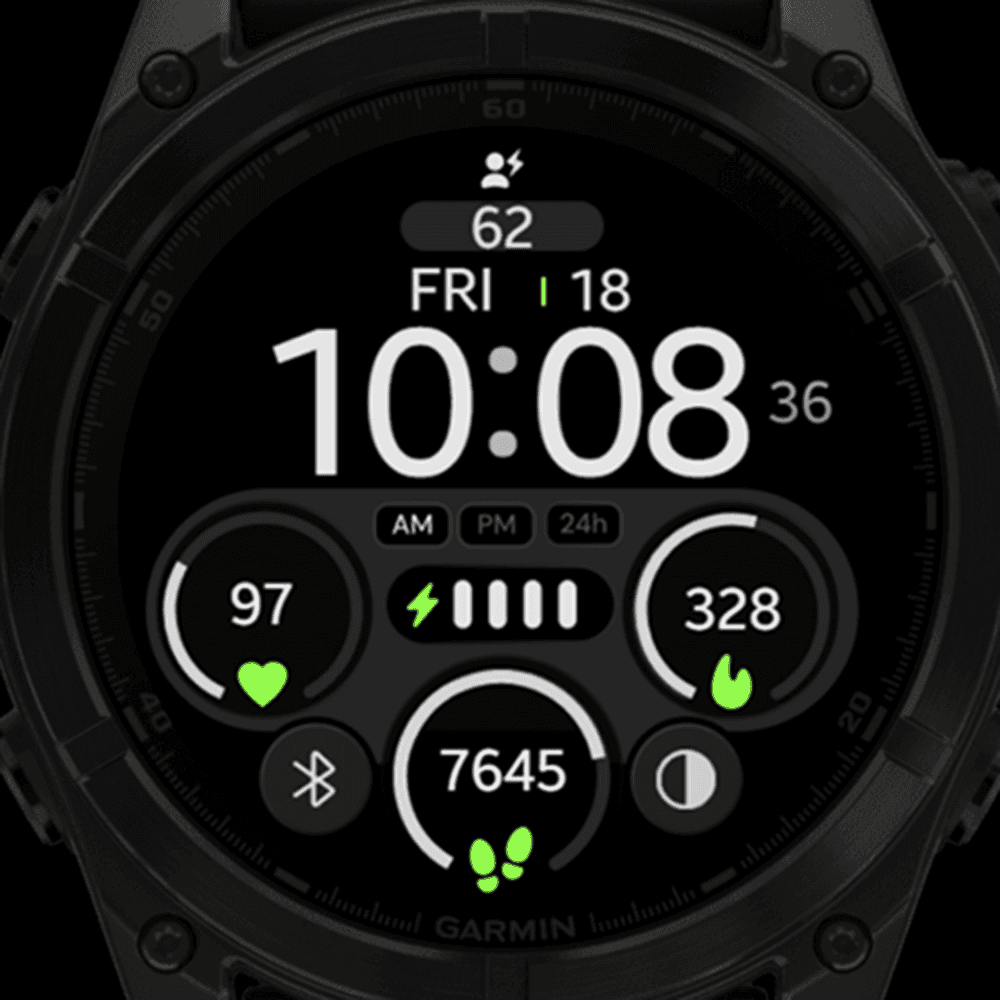 Garmin watch displaying a digital green watch face