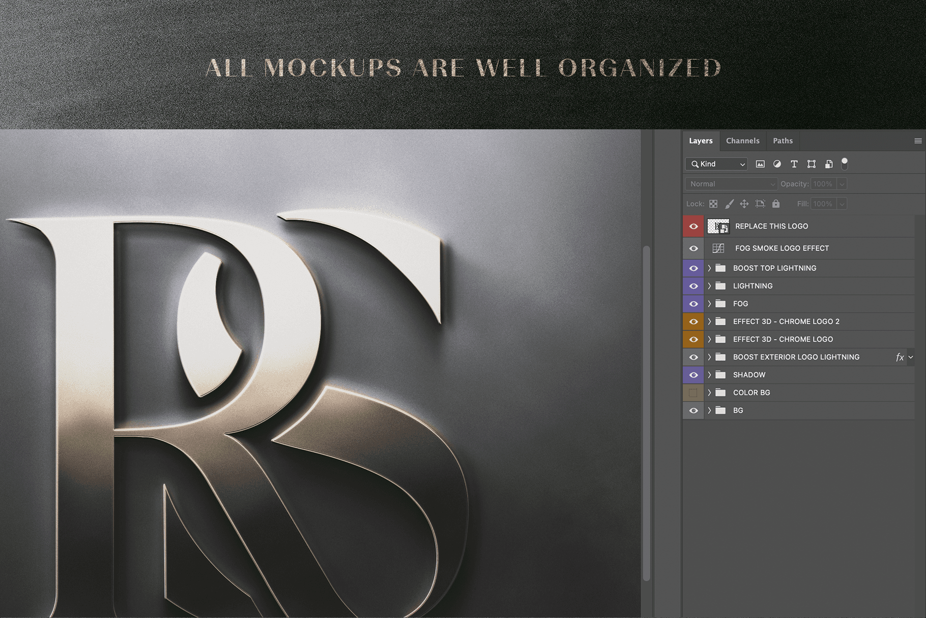 Organized Photoshop layers of a high-quality logo mockup, featuring a sleek metallic RS monogram.