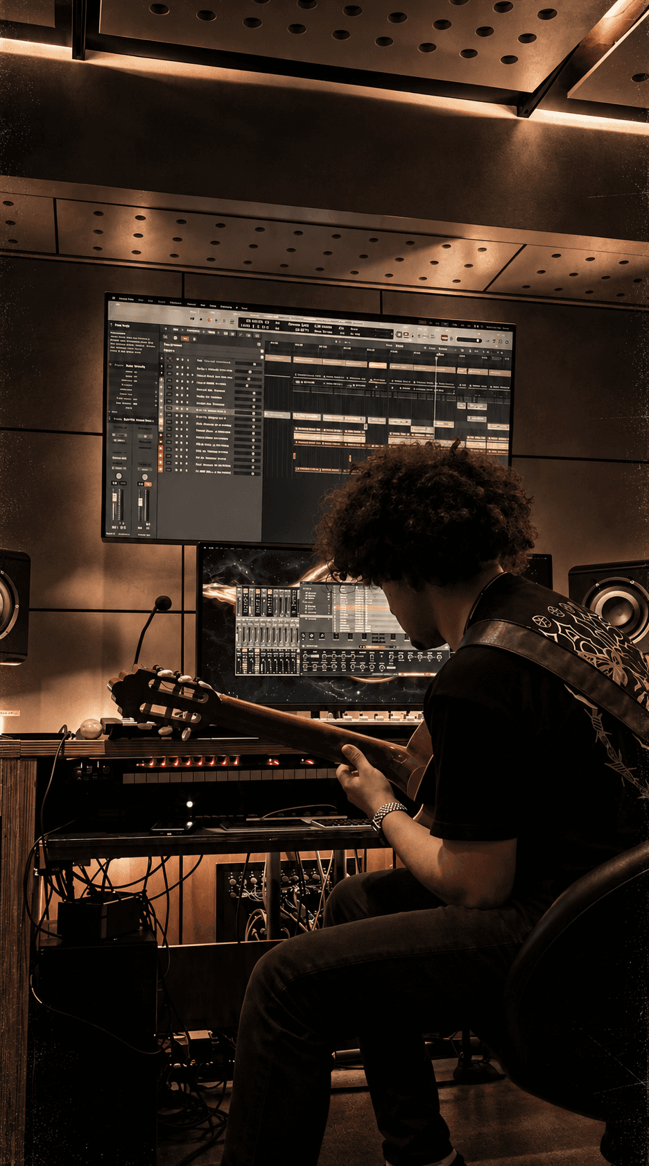 Simone Di Leonardo recording guitar at the studio workstation