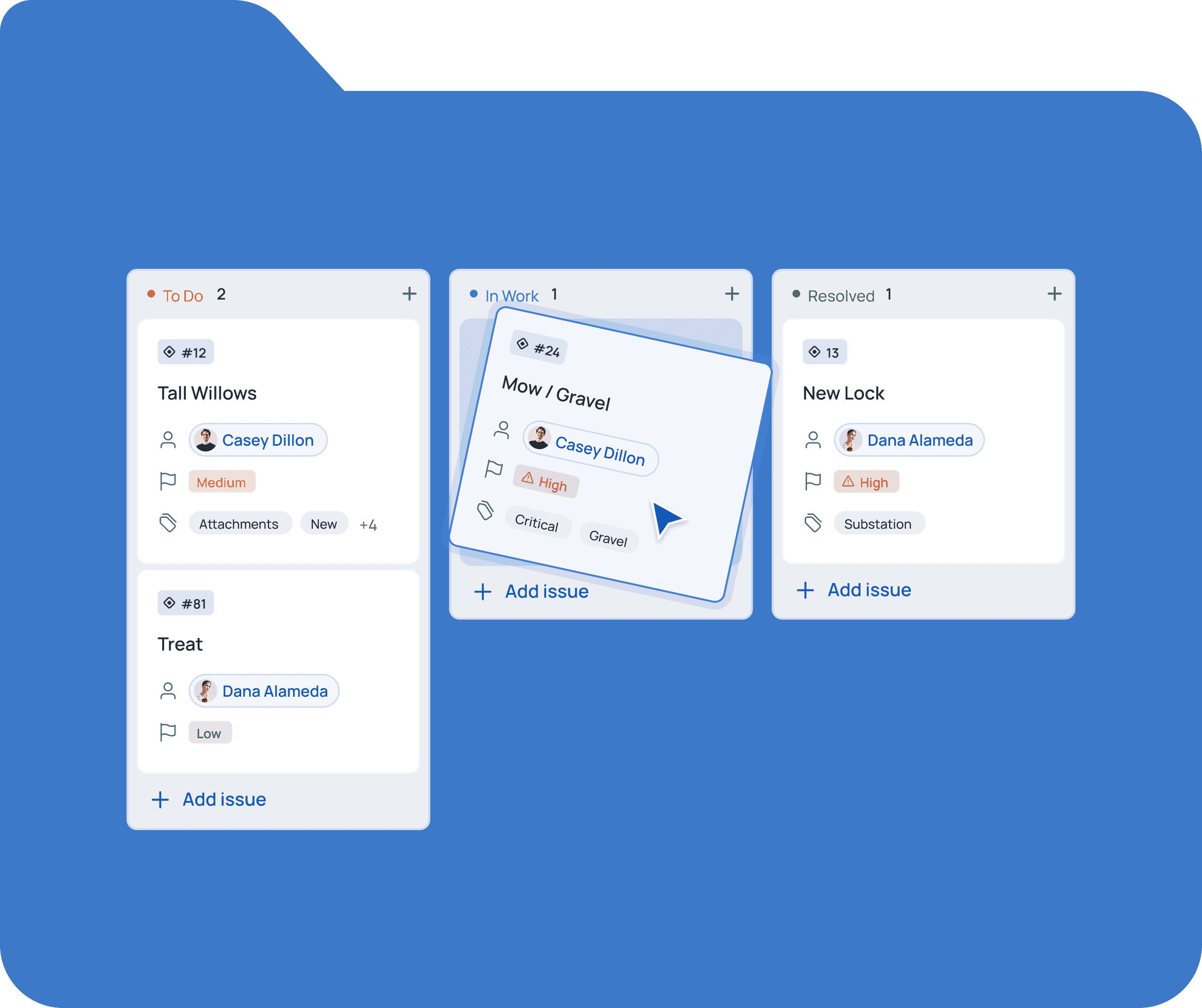 Kanban board interface for issue tracking.