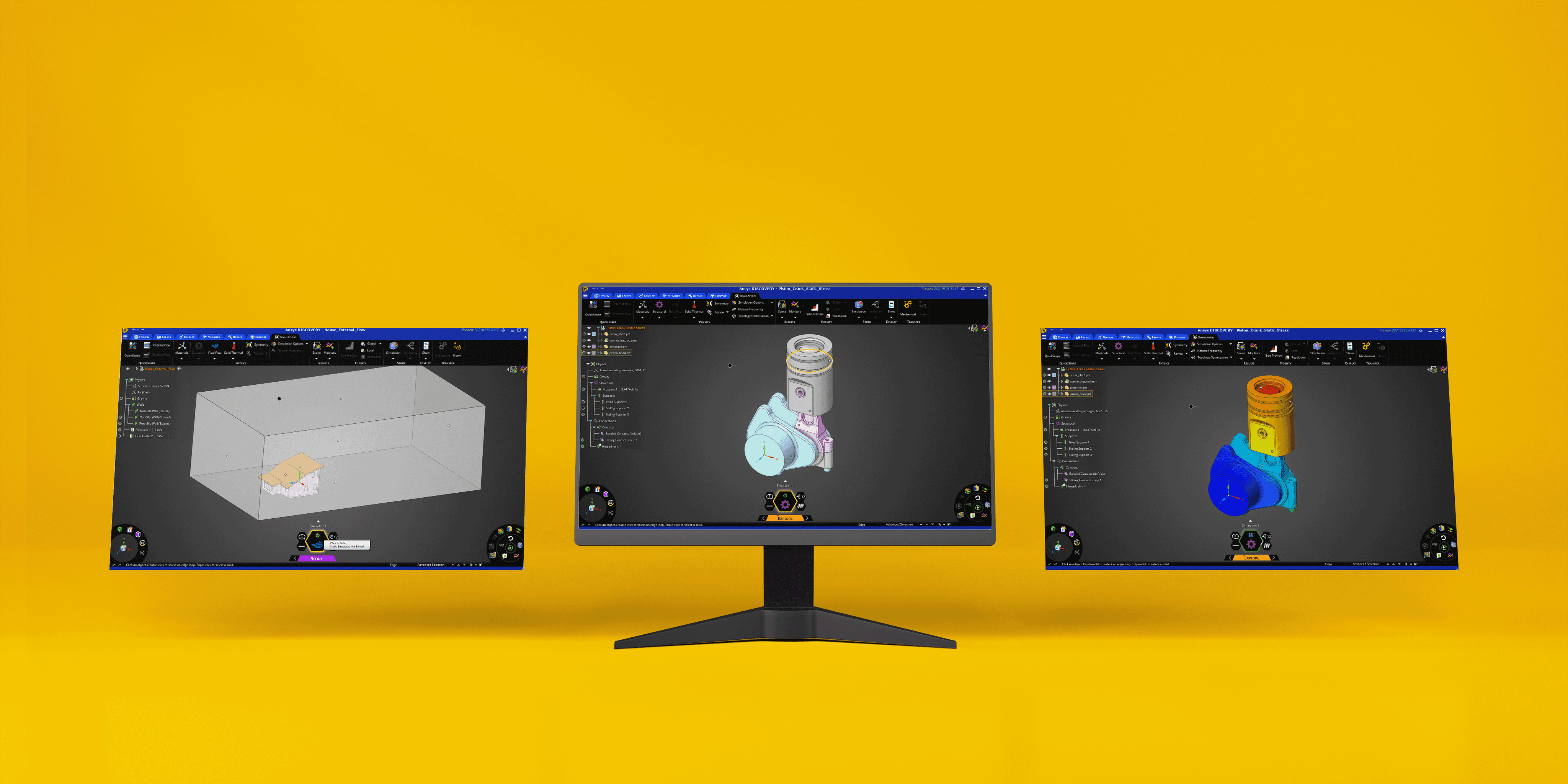 Yellow background. Desktop in the middle with a screenshot of Ansys Discovery software. 2 more screenshots on either side of the screen