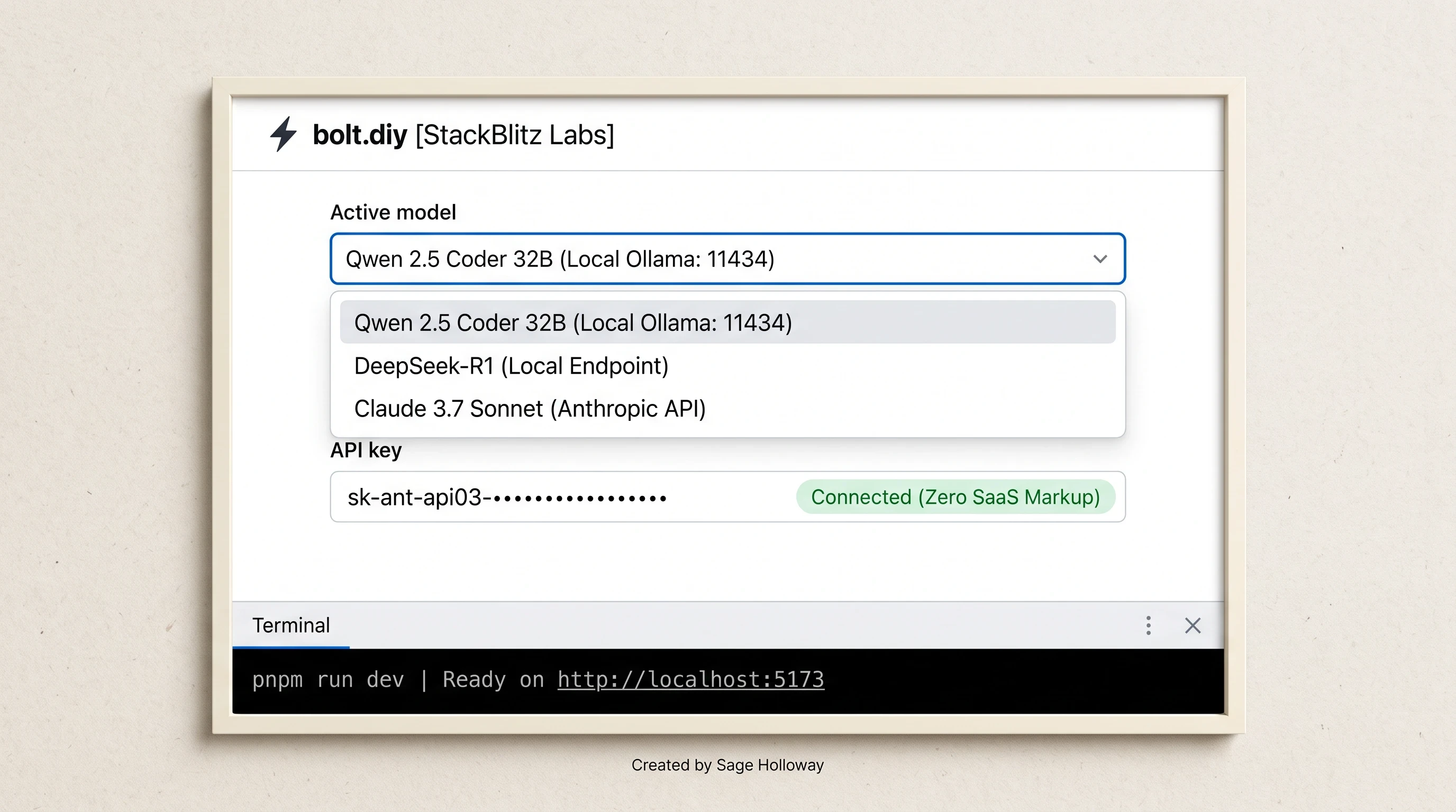 Teaching reconstruction of bolt.diy interface showing multi-LLM model selector and local API key configuration