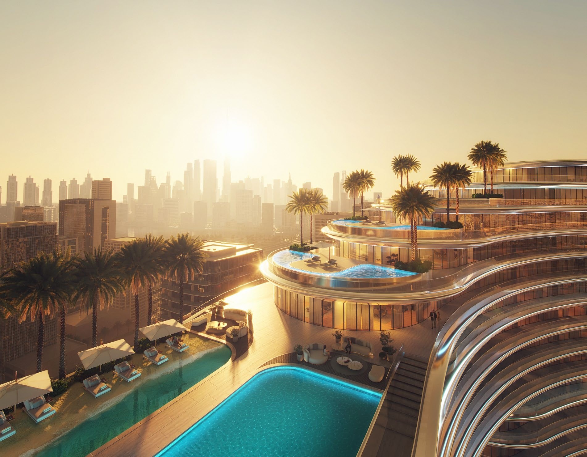 Luxury living room render at Binghatti Aquarise — spacious interiors with Burj Khalifa view. Buy Dubai apartments with crypto via Tylt.