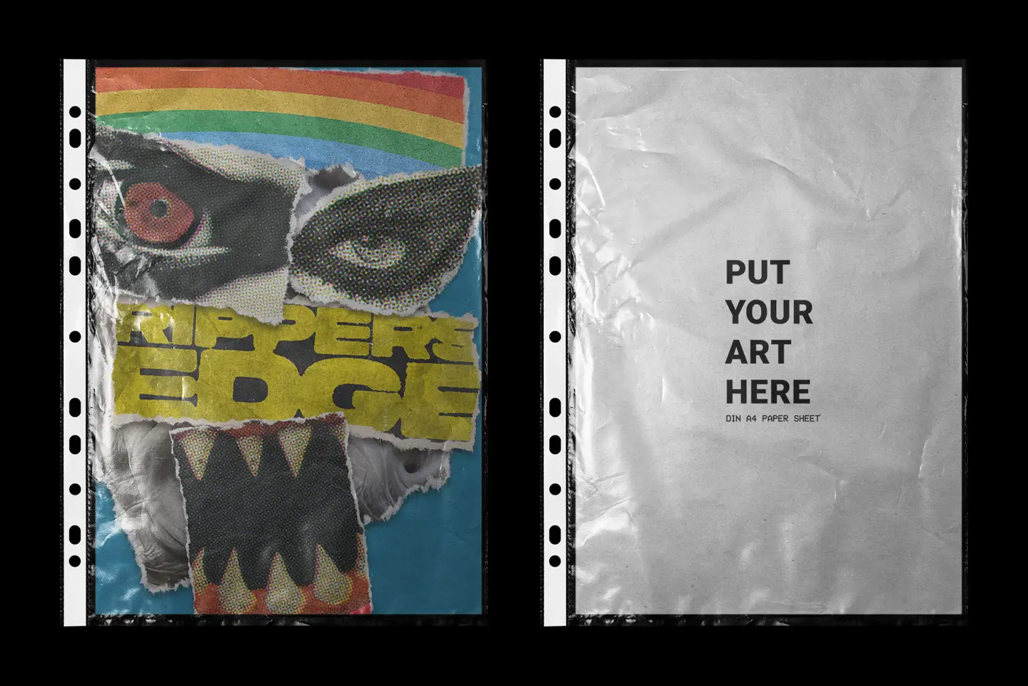 Plastic Sheet Overlay Mockup displaying a ripped paper art style under a realistic wrinkled plastic texture