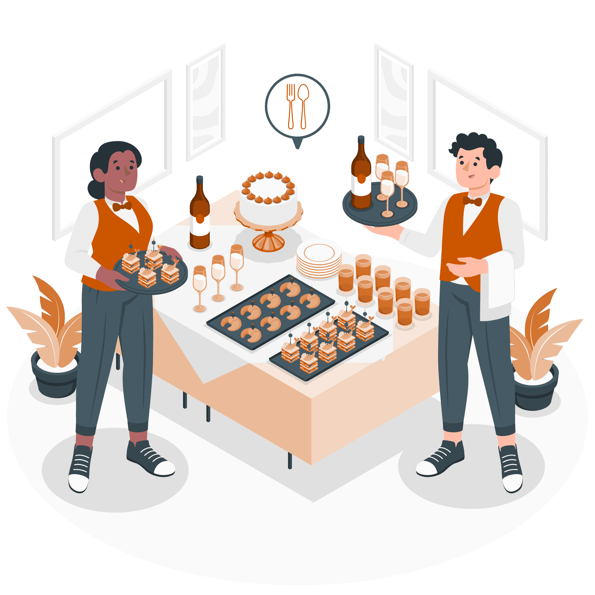 Illustration showing waiters serving a table in a restaurant 