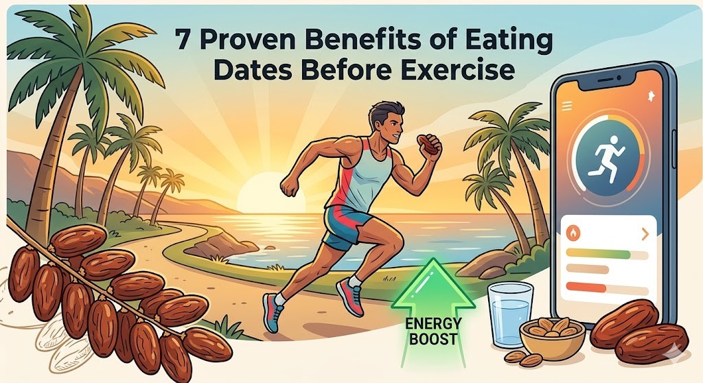 A vector infographic illustration shows a male athlete running on a beach at sunrise, holding a date for energy. Large text at the top reads '7 Proven Benefits of Eating Dates Before Exercise'. In the foreground is a cluster of whole dates, and an animated green arrow labeled 'ENERGY BOOST' points upwards towards the runner. To the right, a large smartphone displays a running app. The style is a modern cartoon with warm golden lighting.