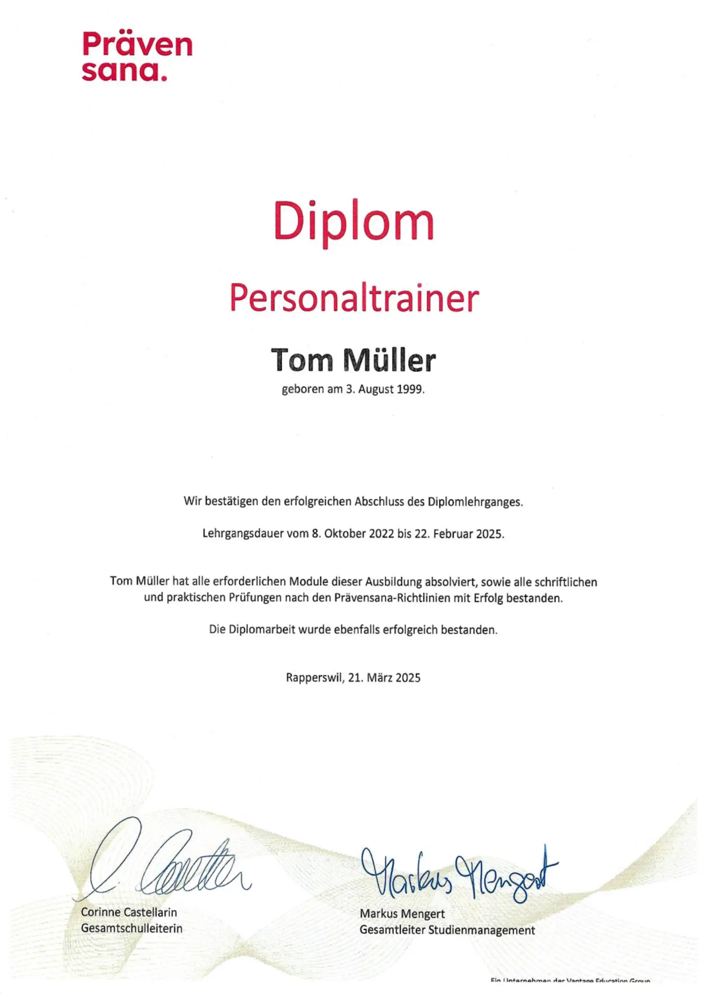 Prävensana Diplom von Tom Müller – zertifizierter Personal Trainer Dielsdorf