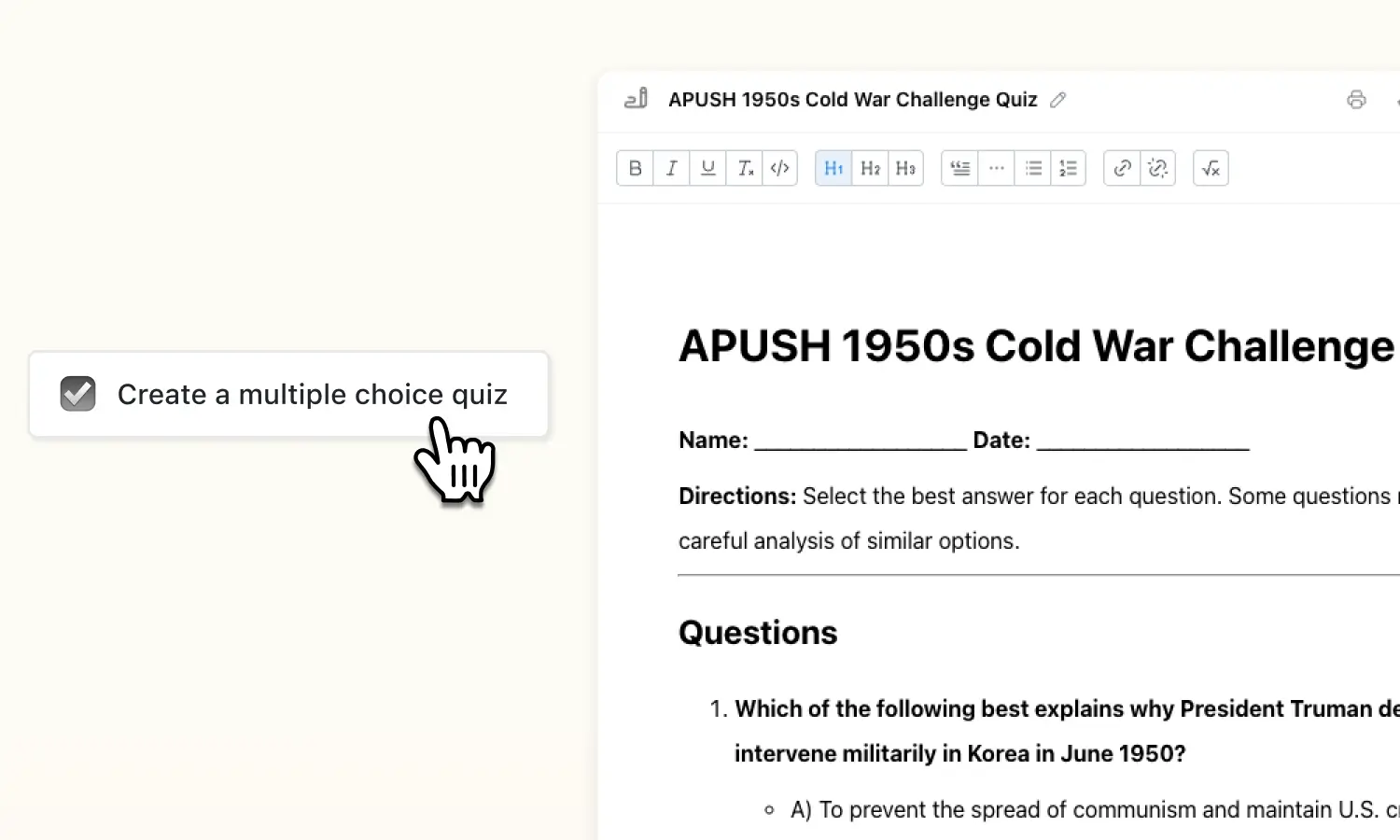 Image of multiple choice quiz created by Sparky 
