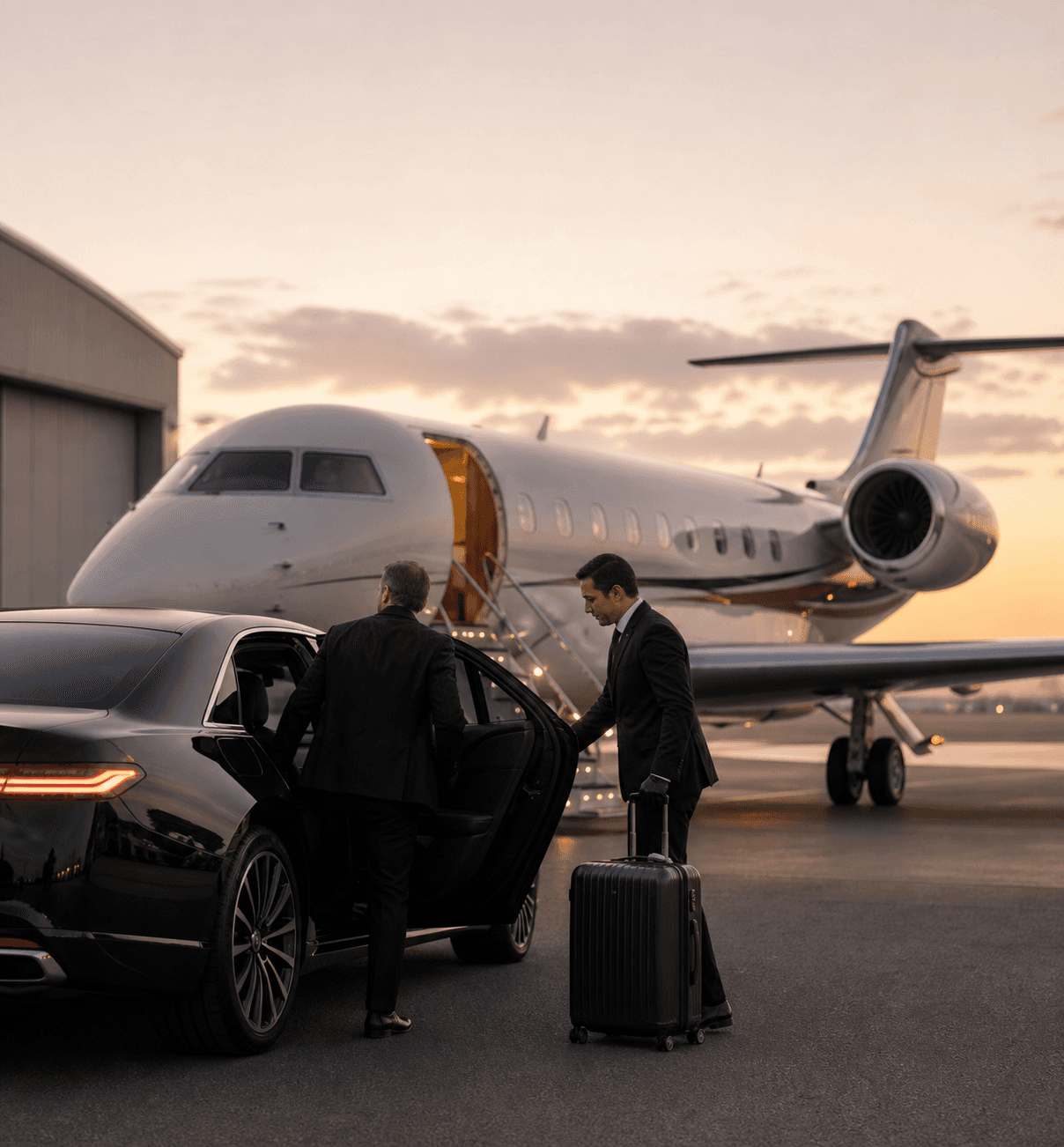 Private aircraft and chauffeured vehicle coordinated for arrival