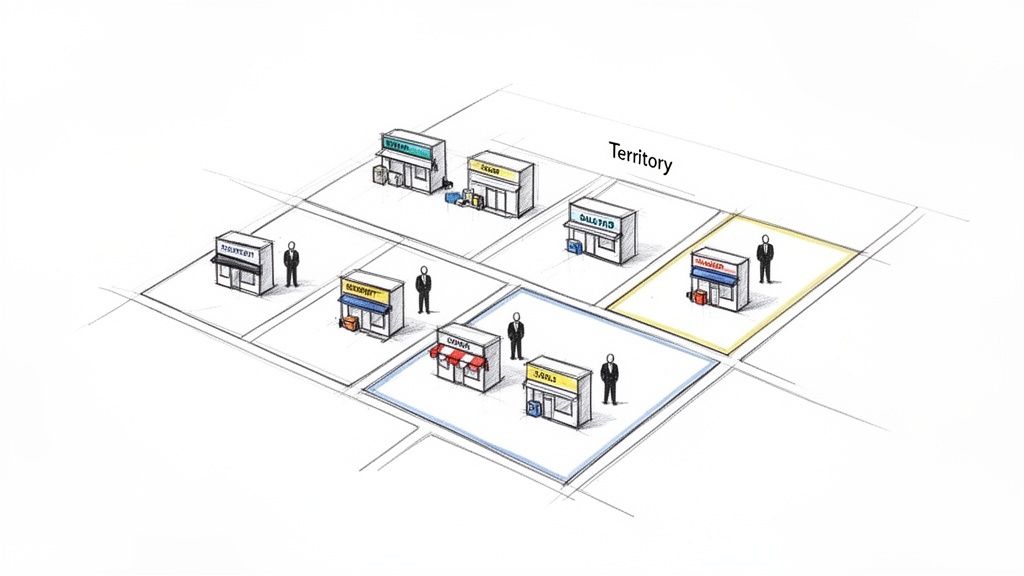 An isometric illustration showing different sales territories on a map with multiple stores and salespersons.