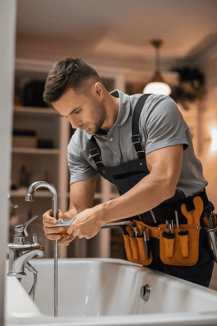A compilation of professional plumbing services featuring licensed plumbers inspecting household pipes, fixing a kitchen sink leak, tightening copper copper pipe joints with wrenches, and providing transparent local services.