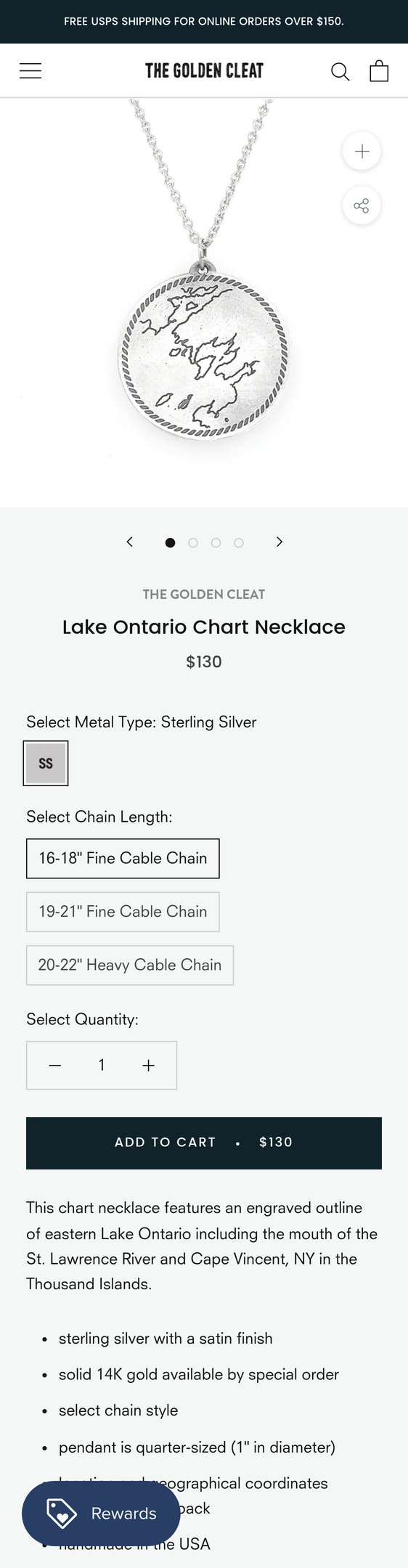 Jewelry product options include: necklace, pendant, chain for Lake Ontario Chart Necklace from The Golden Cleat.