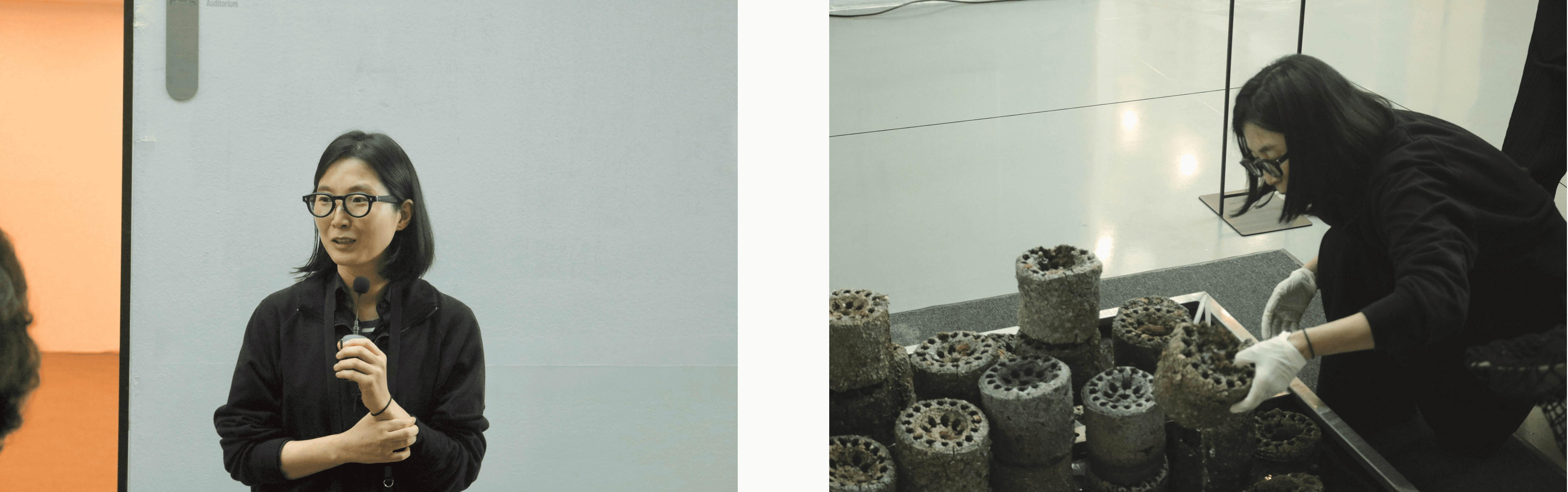 경기도미술관을 찾은 관람객에게 자신의 작품 '잿소리'에 대해 직접 설명하는 이지연 작가의 모습.