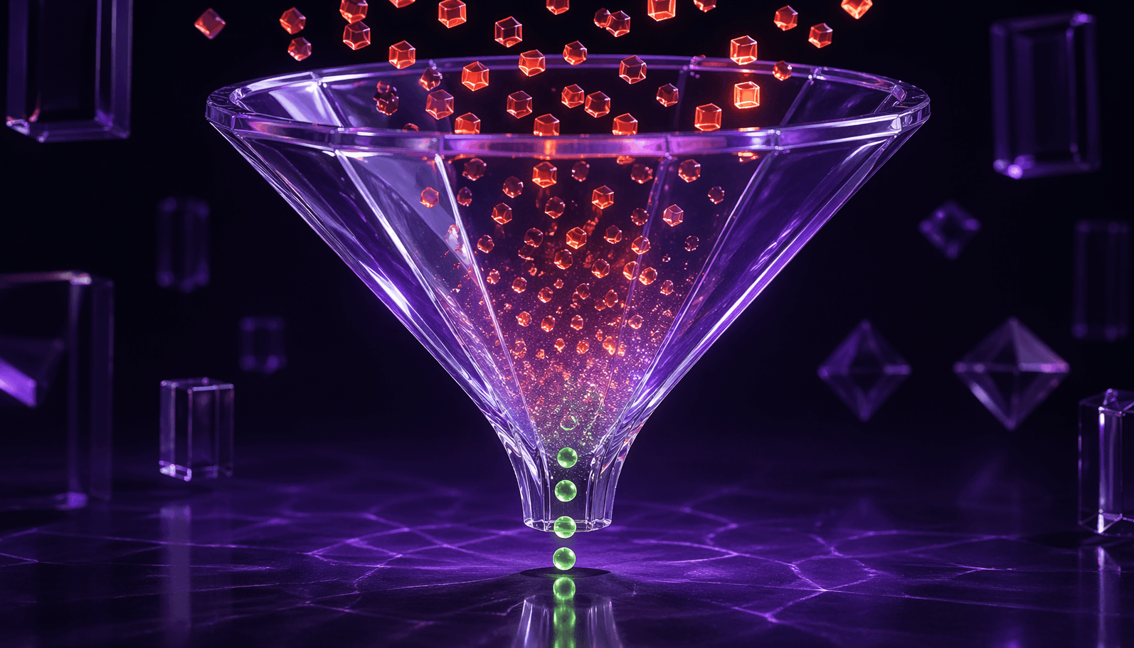 AI-powered glass funnel filtering AML alerts, removing false positives and passing true suspicious activity detections through