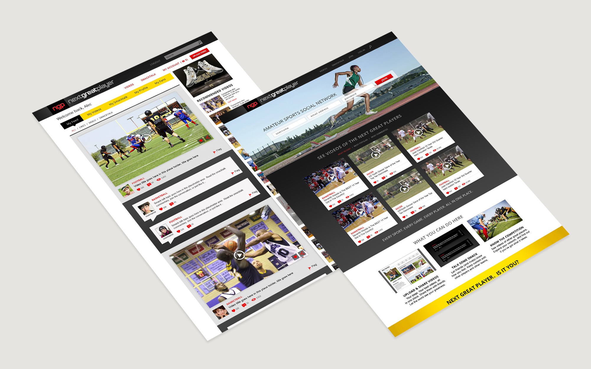Web design mockups of the Next Great Player sports network home and profile pages featuring sports video thumbnails and user activity.