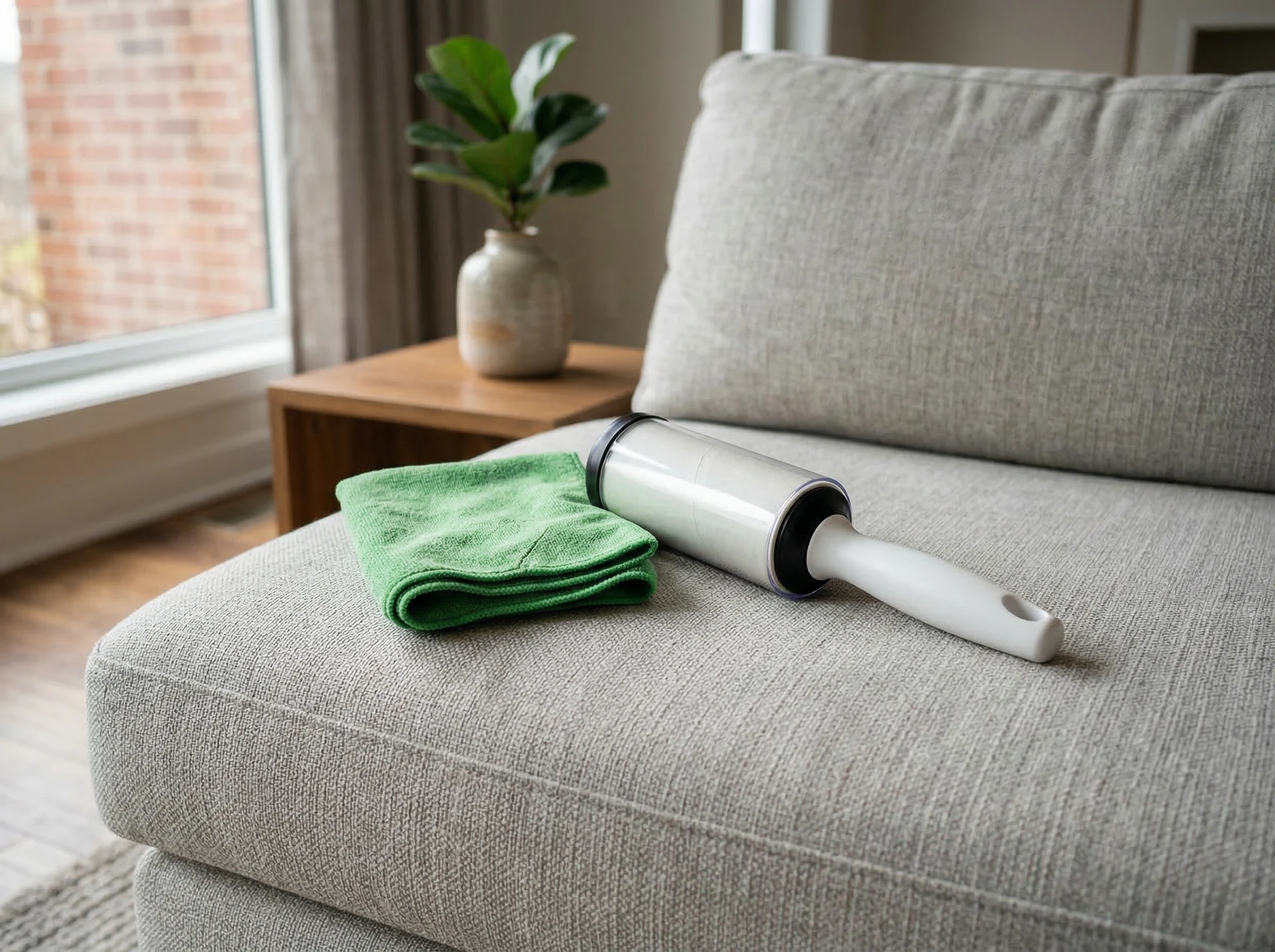 Lint roller and green cloth on a light gray couch.