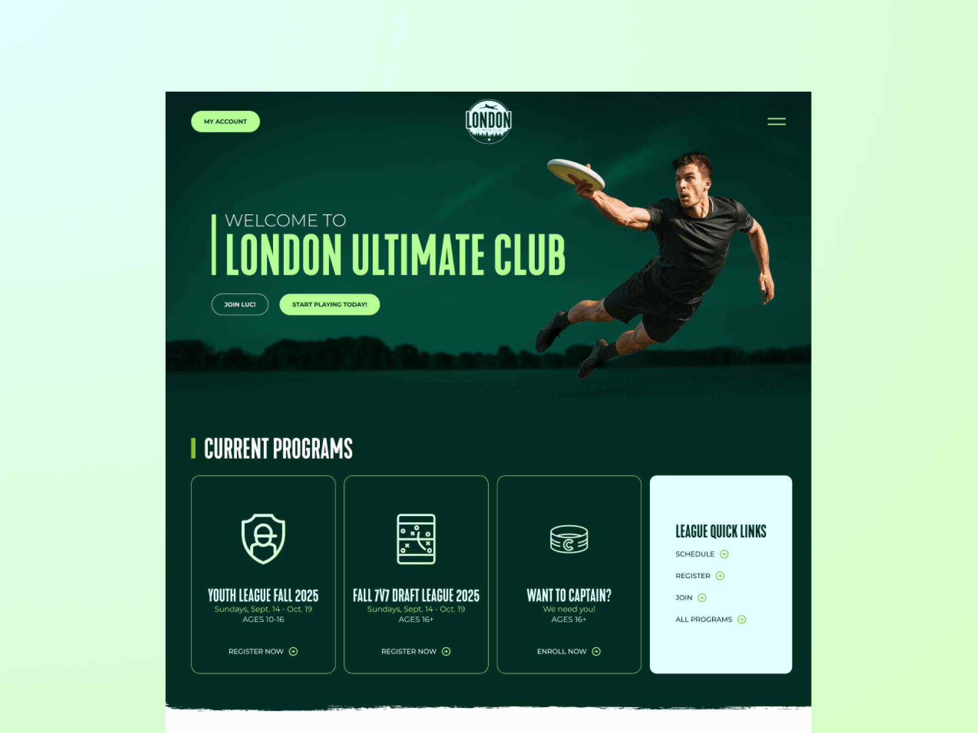 Homepage mockup of the redesigned London Ultimate Club website.