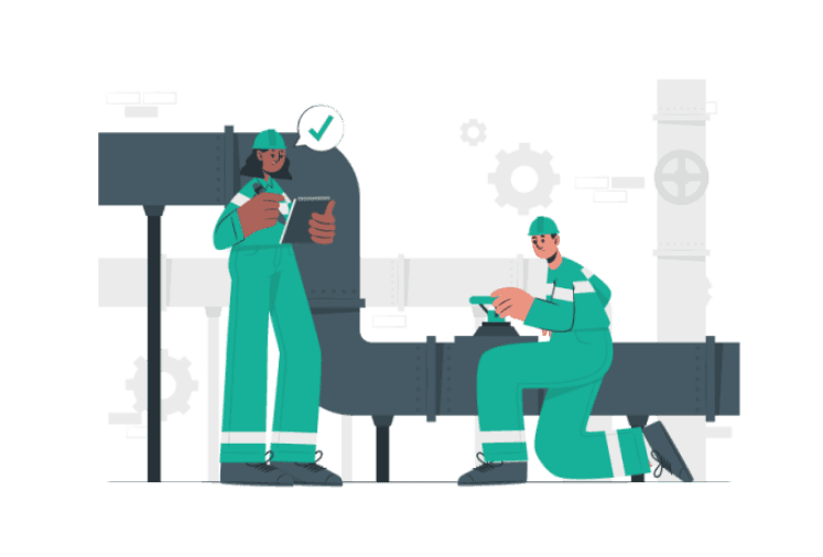 Illustration of two engineers inspecting and maintaining industrial pipelines.