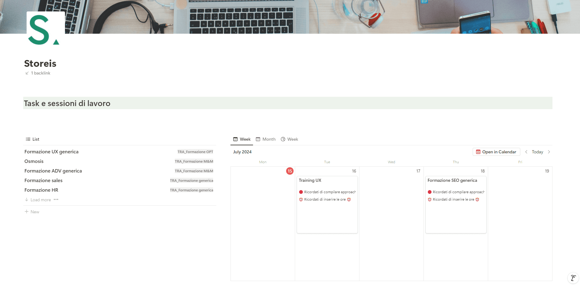 Esempio di pagina del sistema Storeis