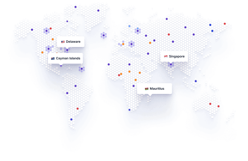 Image of the worl map, higlighting Delaware, cayman island, mauritius and singa