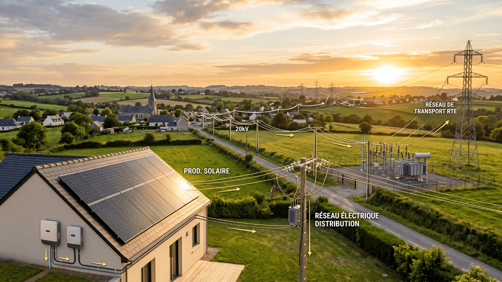 photo qui représente des panneaux solaires et le réseau électrique