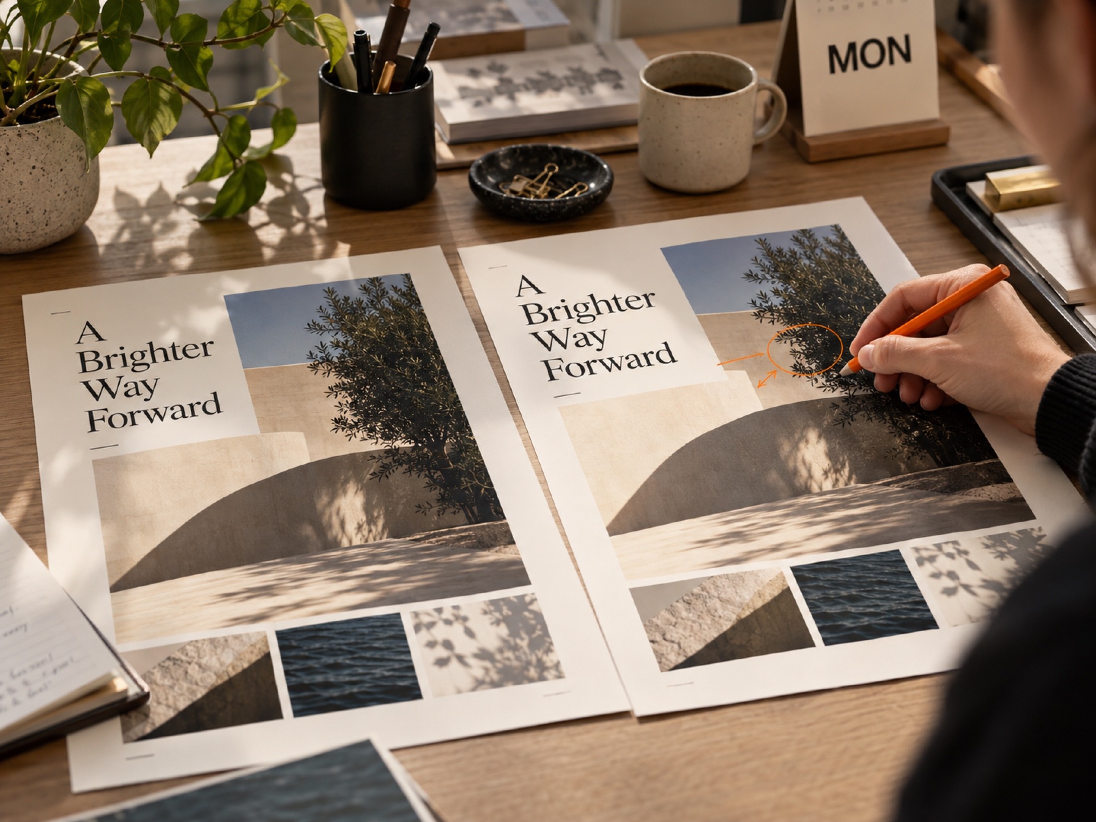 Two printed layouts for A Brighter Way Forward on a studio desk, one being marked up with an orange pen