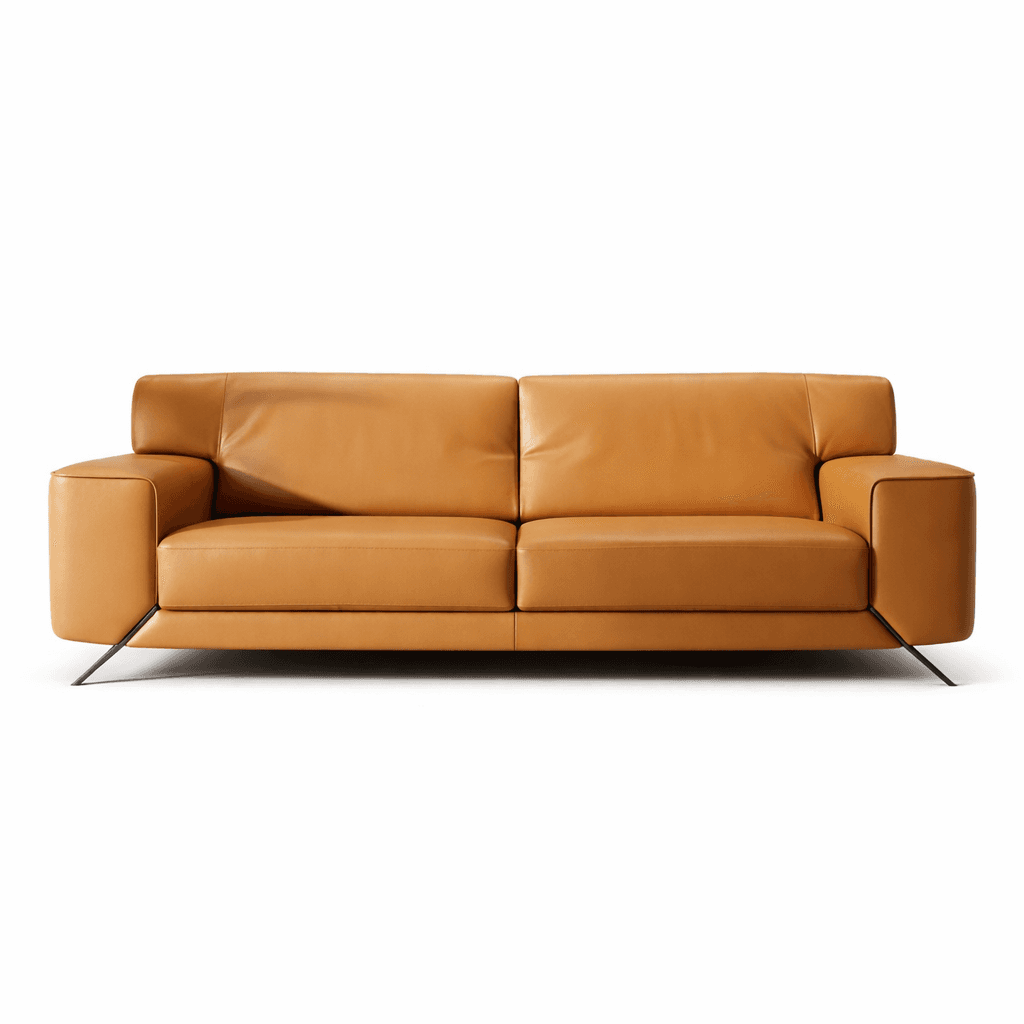 Smooth tan upholstered seating with block arms and angled metal supports