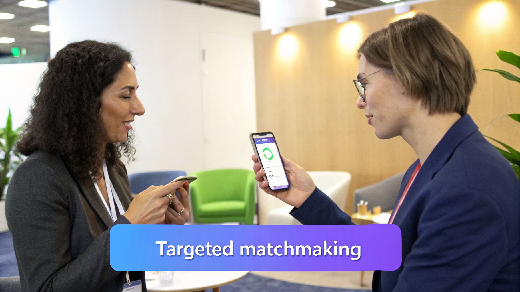 Two women using smartphones for targeted matchmaking, displaying a green circular app logo.