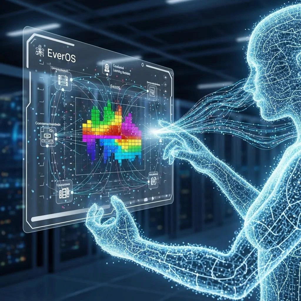 AI agent utilizing EverOS platform for memory management, highlighting dynamic allocation and contextual learning