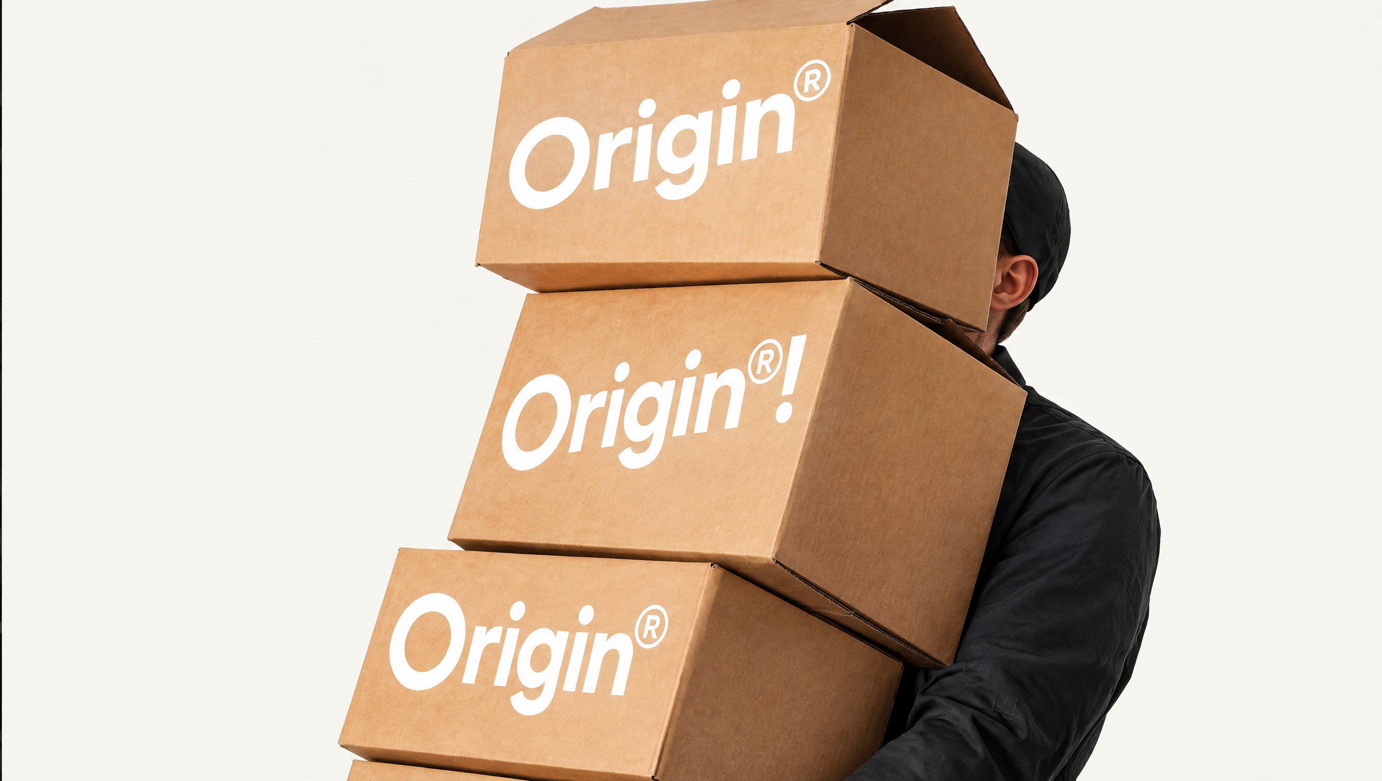 A person in a black cap and uniform carrying three stacked kraft boxes printed with the Origin® wordmark.