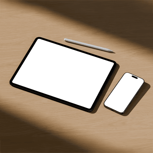 iPad Pro 13-inch and iPhone 17 on wooden desk mockup