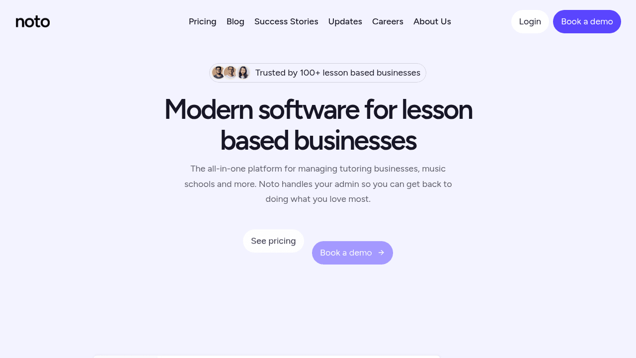 Noto tutoring business management software dashboard showing scheduling, billing, and student management features