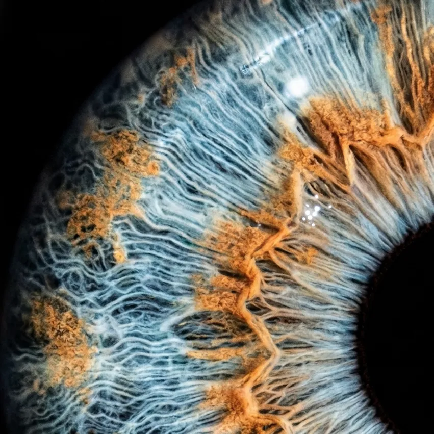 Fotografia macro di un’iride azzurra con sfumature ambrate e dettagli dorati realizzata per IRIS DAY di Ottica Dentella ad Ancona. L’immagine evidenzia la complessità delle fibre, le variazioni di colore e le trame naturali dell’occhio, trasformando un elemento unico della persona in una fotografia artistica personalizzata che celebra identità, colore e caratteristiche irripetibili dello sguardo.