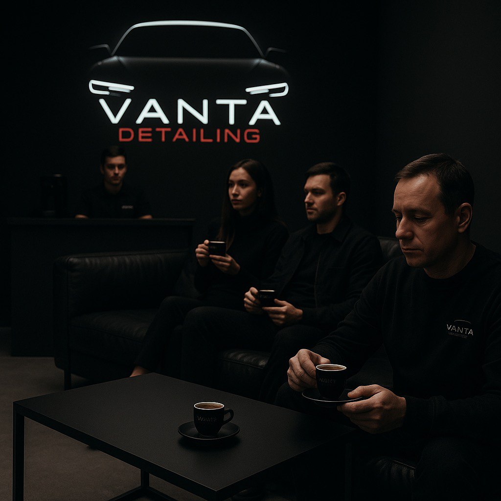 VANTA Detailing Plzeň – prémiový autodetailing, komfortní čekací zóna s kávou, profesionální čištění interiéru Plzeň, leštění karoserie Plzeň, tónování autoskel Plzeň, keramická ochrana laku Plzeň