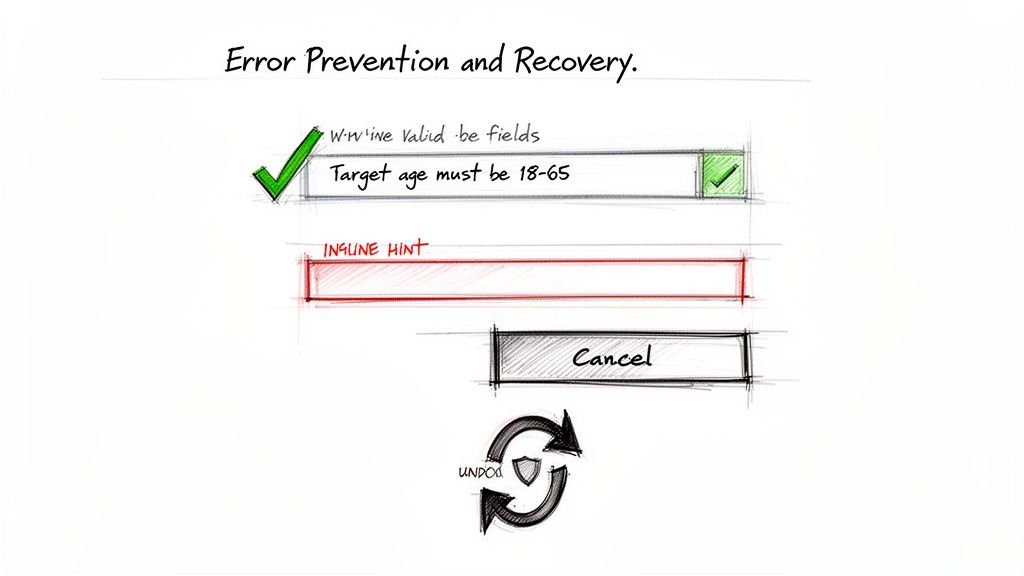 Hand-drawn sketches demonstrating error prevention and recovery UX, with valid input fields, inline hints, cancel, and undo actions.