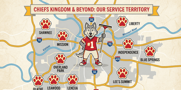 Stylized service area map of Kansas City Metro showing Window Wolf coverage. Red paw prints mark key service locations including Overland Park, Olathe, Leawood, Lenexa, Shawnee, Mission, Liberty, Independence, Blue Springs, and Lee's Summit.