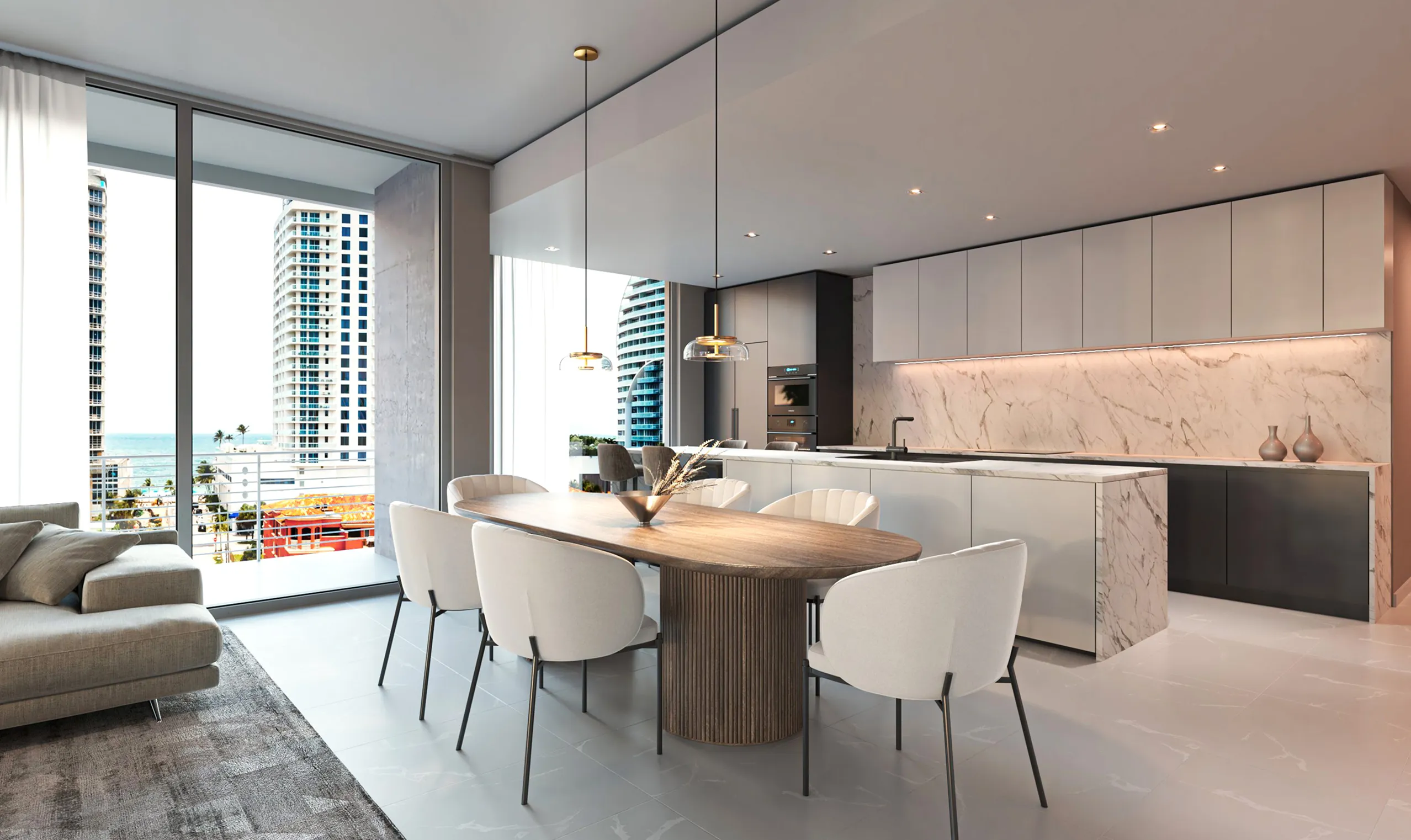 A stylish condo kitchen and dining space, showcasing modern design elements and a bright, open layout.