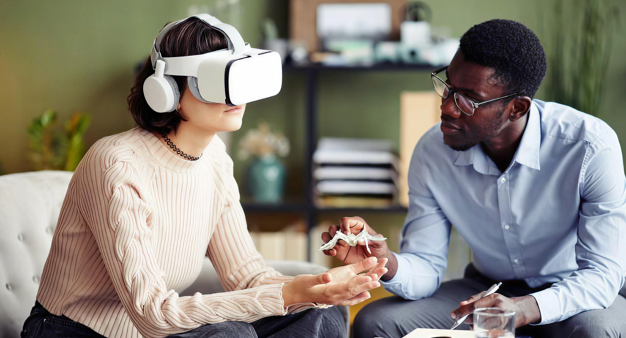 Virtual reality therapy for mental health, anxiety and PTSD treatment through controlled exposure therapy environments.