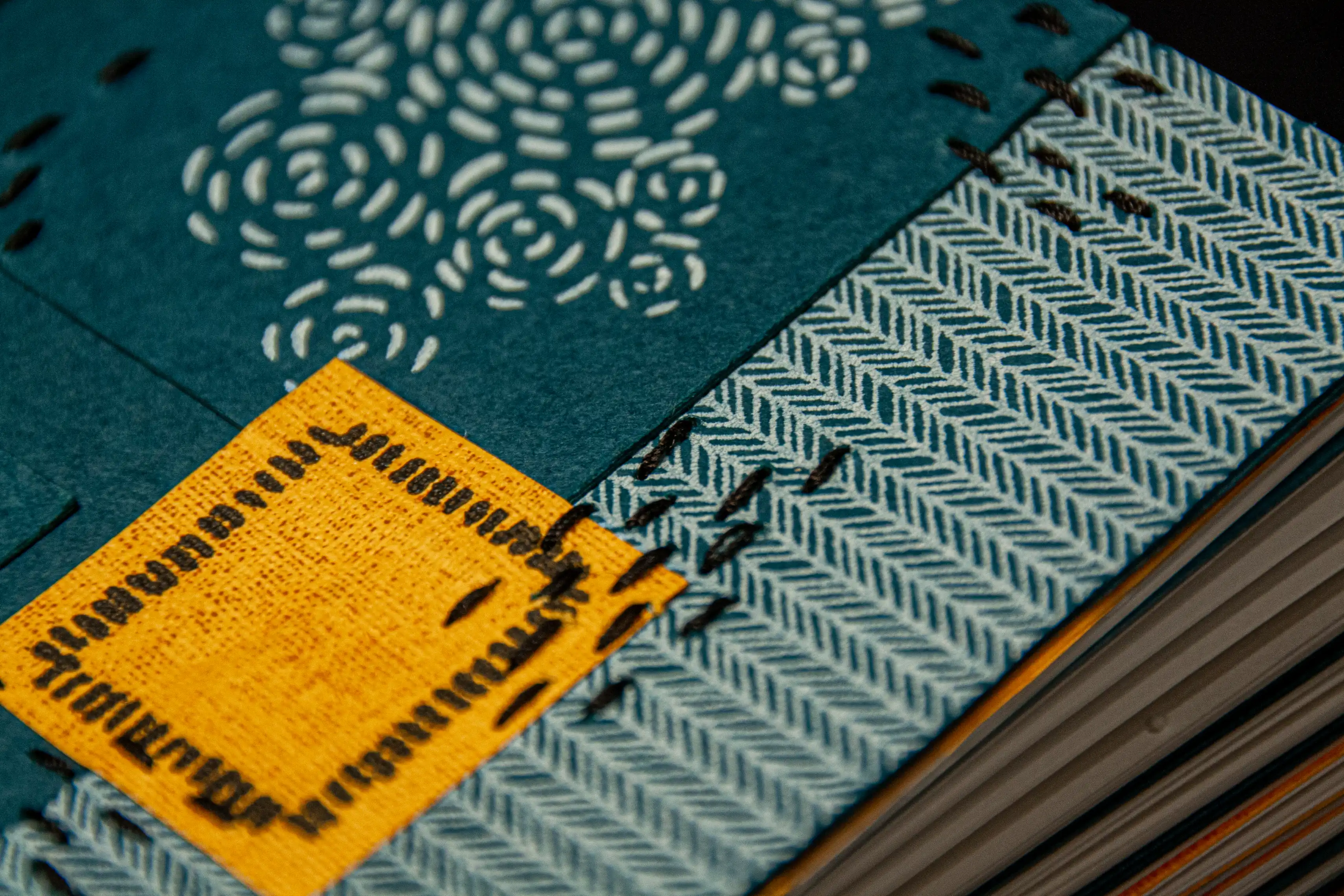 Close-up showing tactile stitching on cover