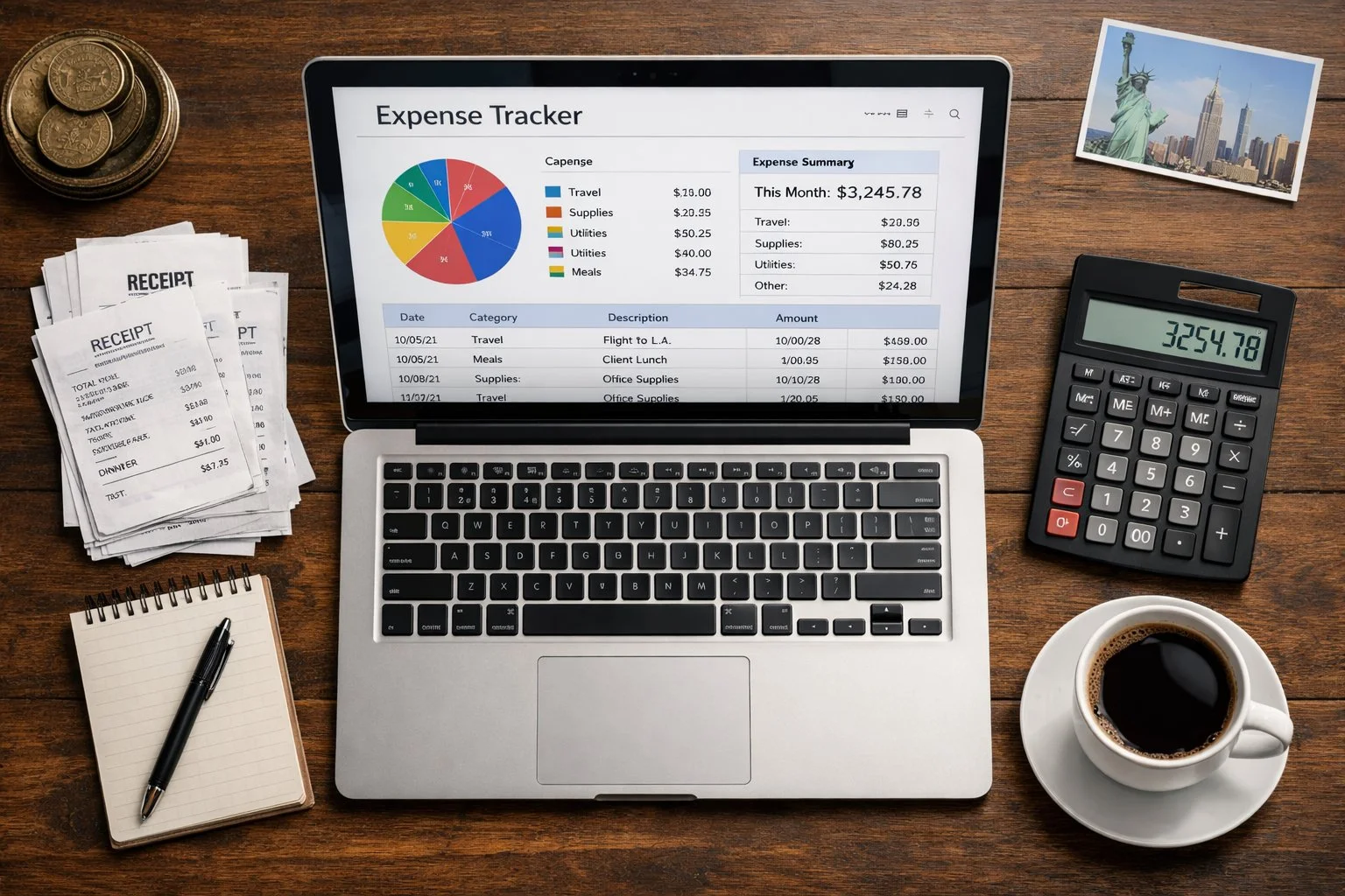 Top-down view of a small business desk in New York, with a laptop displaying expense tracking software, neatly stacked receipts, a calculator, and a coffee cup, showing organized financial management.