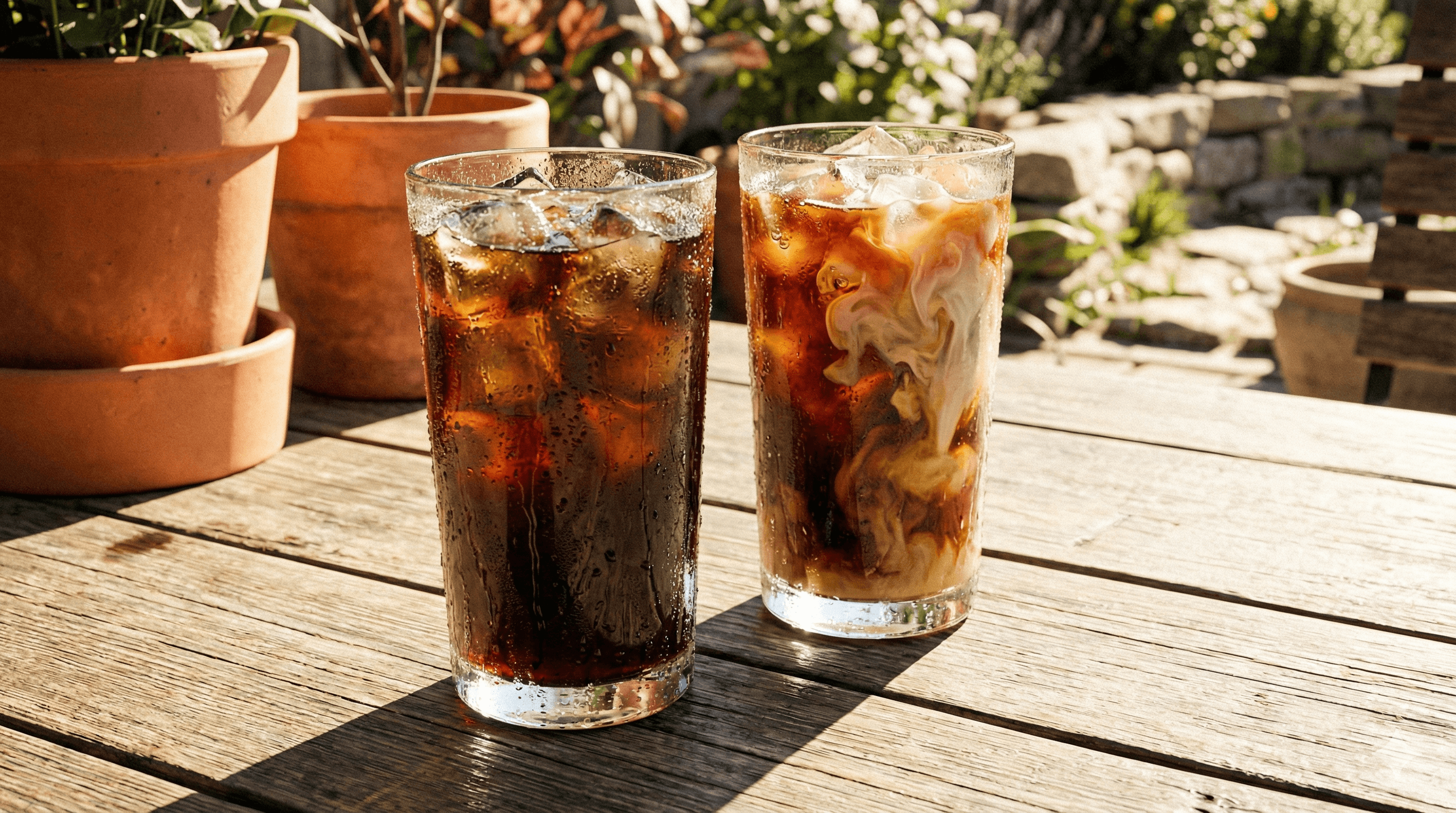 Two glasses of iced coffee with condensation on a sunny outdoor table, one with a swirl of milk