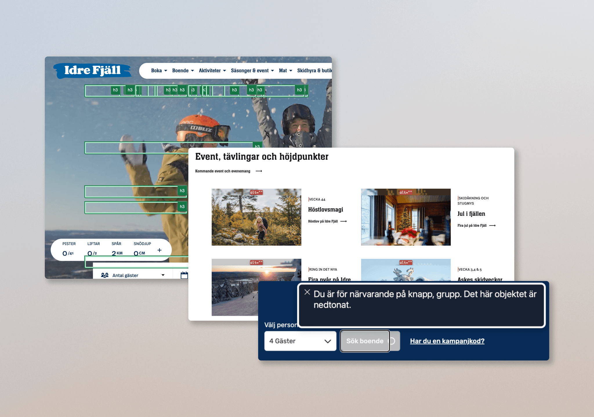 Screenshots from our accessibility testing of Idre Fjäll’s website, showing focus outlines, navigation tests, and screen reader feedback