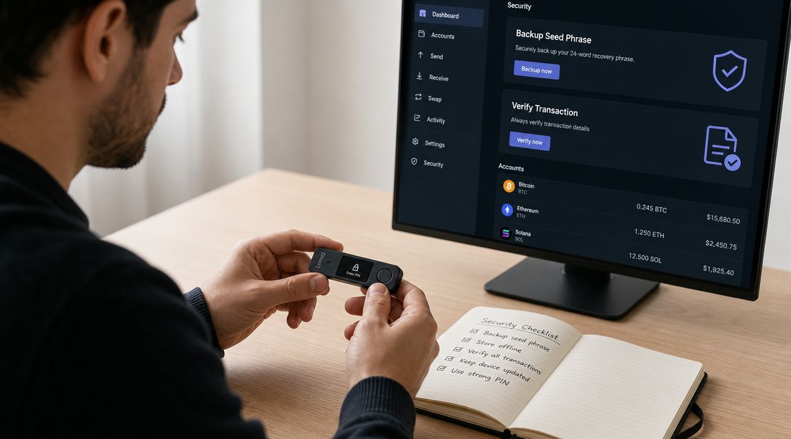 A man holds a hardware crypto wallet in his hands while viewing a security dashboard on screen.
