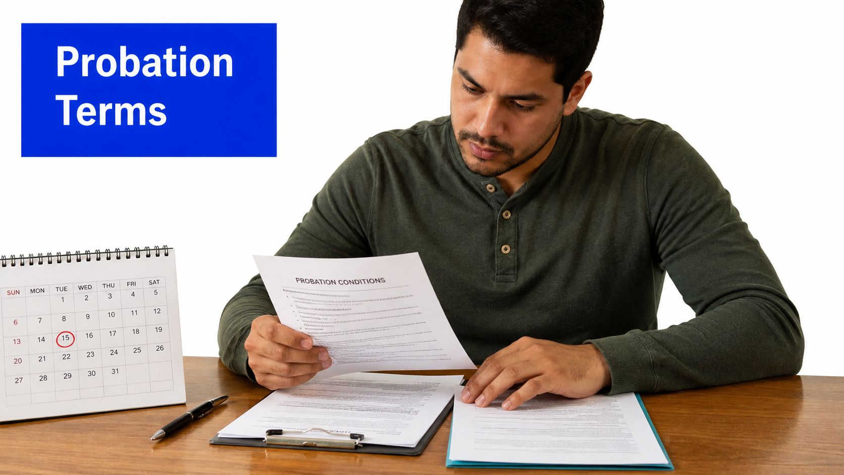 A man reviewing probation condition documents at a wooden desk with a calendar showing the fifteenth marked.