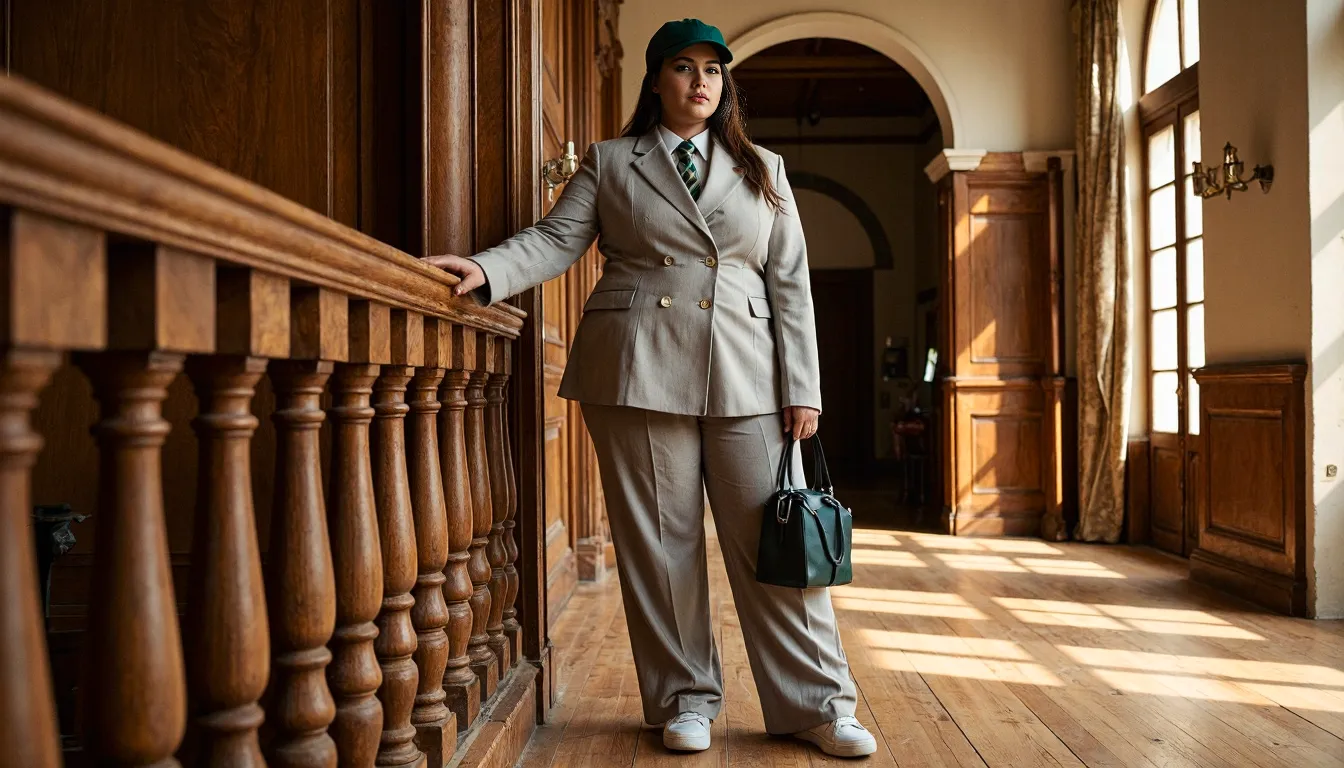 Elegant professional in a tailored gray suit and green cap standing in a sunlit wooden hallway with rich architectural details