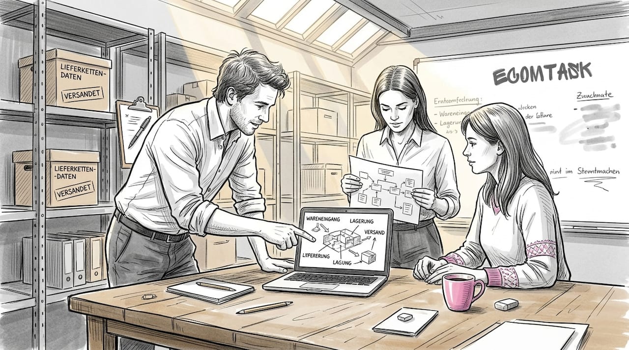 Ein Team beschäftigt sich intensiv mit der Optimierung von Abläufen in einem industriellen Umfeld.