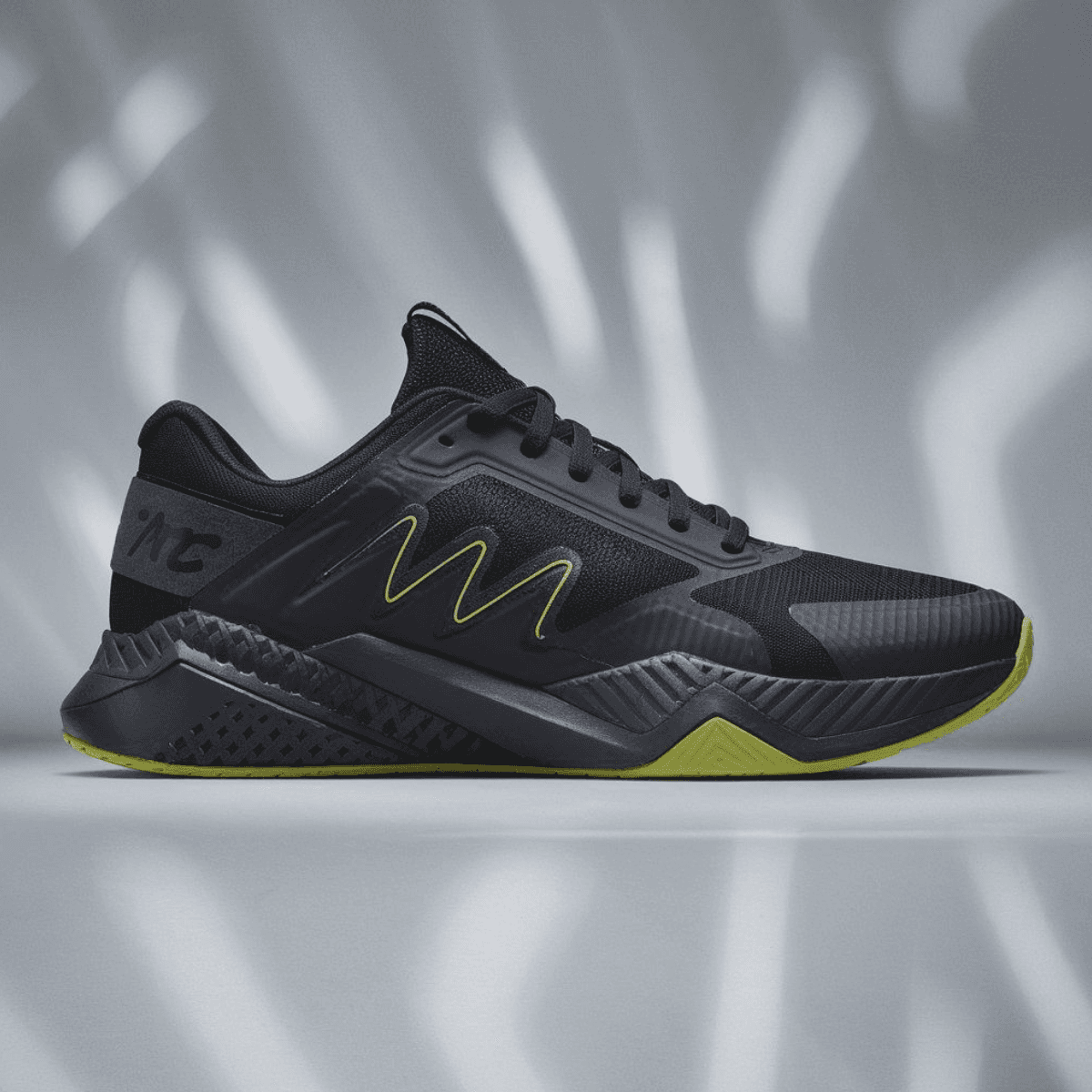 Black Corbell Motion XT men's sneaker with textured sole and neon green accents.
